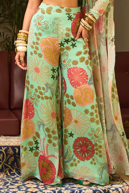Shop_Diyarajvvir_Green Crepe, Georgette, Tulle Embroidery, Floral Print Flared Pant With Blouse _Online_at_Aza_Fashions