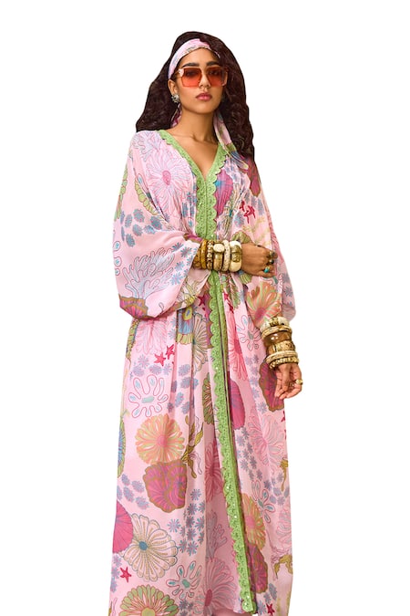 Diyarajvvir_Pink Georgette, Linen Lace V-neck Floral Print Kaftan With Flared Pant _Online_at_Aza_Fashions