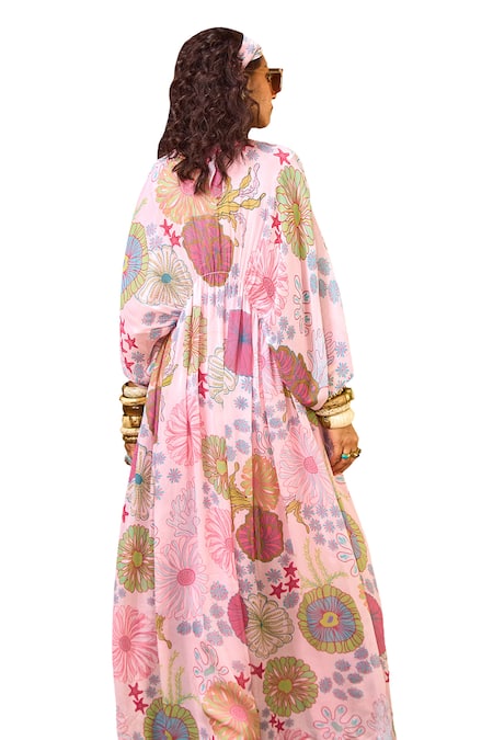 Diyarajvvir_Pink Georgette, Linen Lace V-neck Floral Print Kaftan With Flared Pant _at_Aza_Fashions