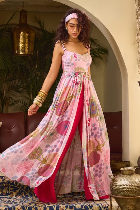 Buy Diyarajvvir Pink Georgette Embroidery V-neck Floral Print Slit Anarkali With Flared Pant Online at Aza Fashions Buy_Diyarajvvir_Pink Georgette Embroidery V-neck Floral Print Slit Anarkali With Flared Pant _Online_at_Aza_Fashions