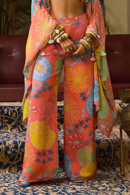Diyarajvvir_Peach Crepe, Georgette Embroidery, Sequins Floral Print Cape Flared Pant Set _Online_at_Aza_Fashions