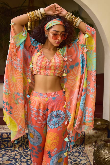 Buy_Diyarajvvir_Peach Crepe, Georgette Embroidery, Sequins Floral Print Cape Flared Pant Set _Online_at_Aza_Fashions