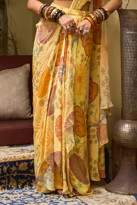 Diyarajvvir Yellow Georgette, Crepe Sequins Blossom Print Pre-draped Saree With Blouse Online at Aza Fashions Diyarajvvir_Yellow Georgette, Crepe Sequins Blossom Print Pre-draped Saree With Blouse _Online_at_Aza_Fashions