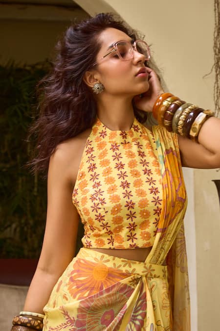 Shop Diyarajvvir Yellow Georgette, Crepe Sequins Blossom Print Pre-draped Saree With Blouse Online at Aza Fashions Shop_Diyarajvvir_Yellow Georgette, Crepe Sequins Blossom Print Pre-draped Saree With Blouse _Online_at_Aza_Fashions