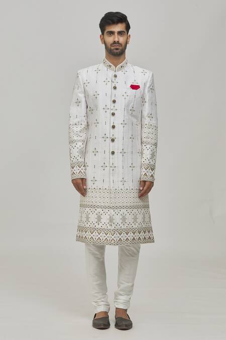 Arihant Rai Sinha_White , Satin Embroidery Thread Sherwani Set _Online_at_Aza_Fashions