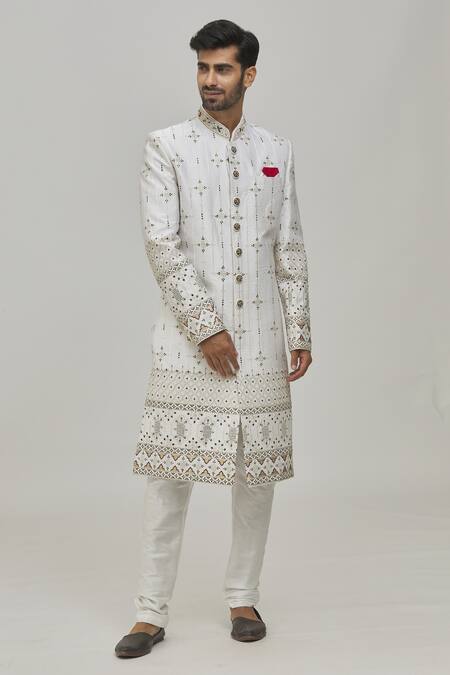 Buy_Arihant Rai Sinha_White , Satin Embroidery Thread Sherwani Set _Online_at_Aza_Fashions