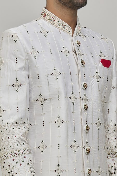 Shop_Arihant Rai Sinha_White , Satin Embroidery Thread Sherwani Set _Online_at_Aza_Fashions