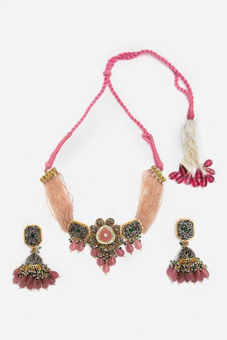 Buy_Dugran By Dugristyle_Pink Pearls, Diamonds, Stones Noor Natural And Kundan Pendant Necklace Set _Online_at_Aza_Fashions