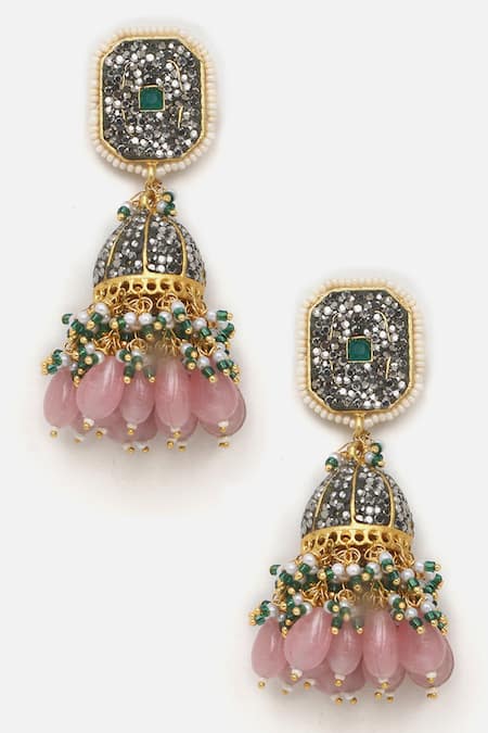 Shop_Dugran By Dugristyle_Pink Pearls, Diamonds, Stones Noor Natural And Kundan Pendant Necklace Set _Online_at_Aza_Fashions