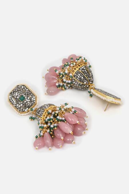 Dugran By Dugristyle_Pink Pearls, Diamonds, Stones Noor Natural And Kundan Pendant Necklace Set _at_Aza_Fashions