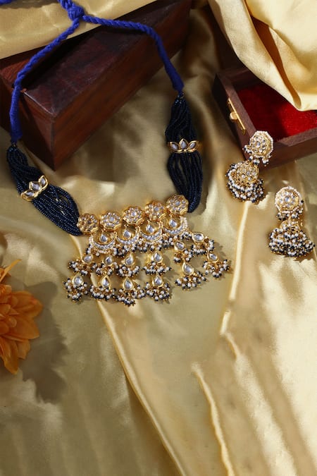 Dugran By Dugristyle Blue Pearls, Gota Patti, Stones Padma Noor Kundan Necklace Set Online at Aza Fashions Dugran By Dugristyle_Blue Pearls, Gota Patti, Stones Padma Noor Kundan Necklace Set _Online_at_Aza_Fashions