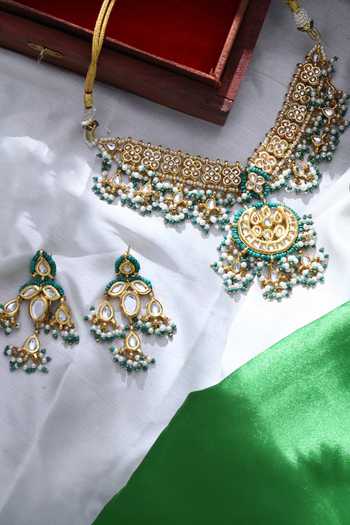 Dugran By Dugristyle_Green Pearls, Gota Patti, Stones Phool Bahar Kundan Embellished Necklace Set _Online_at_Aza_Fashions