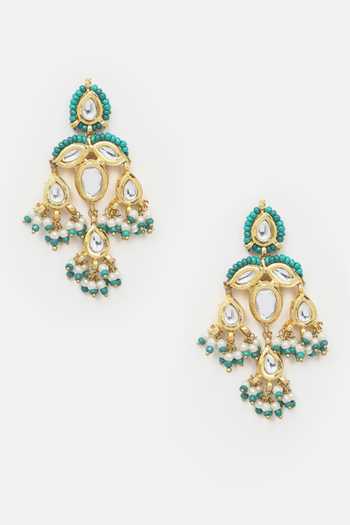 Shop_Dugran By Dugristyle_Green Pearls, Gota Patti, Stones Phool Bahar Kundan Embellished Necklace Set _Online_at_Aza_Fashions