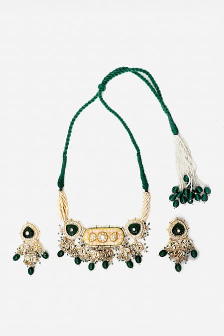 Buy_Dugran By Dugristyle_Green Pearls Phoolista Kundan Meenakari Choker Set _Online_at_Aza_Fashions