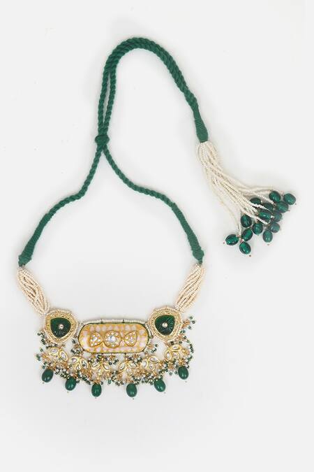 Buy_Dugran By Dugristyle_Green Pearls Phoolista Kundan Meenakari Choker Set 