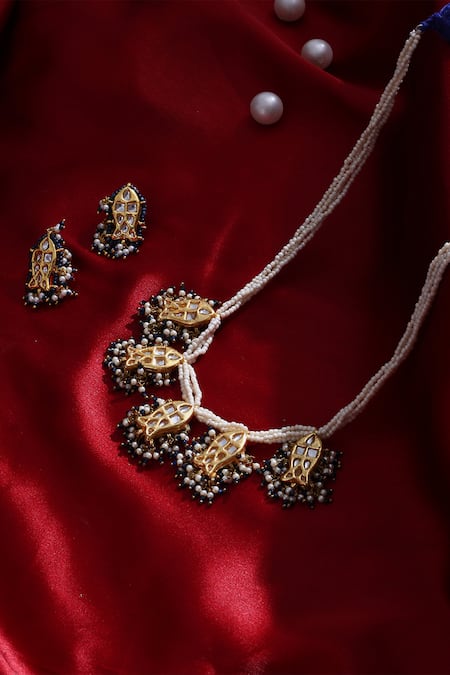 Dugran By Dugristyle_Blue Pearls, Metallic Thread, Stones Ambrosia Kundan And Natural Necklace Set _Online_at_Aza_Fashions