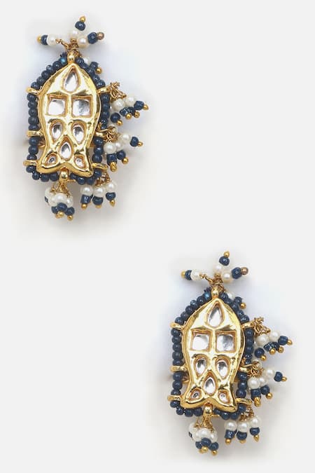 Shop_Dugran By Dugristyle_Blue Pearls, Metallic Thread, Stones Ambrosia Kundan And Natural Necklace Set _Online_at_Aza_Fashions