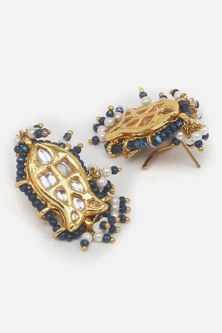 Dugran By Dugristyle_Blue Pearls, Metallic Thread, Stones Ambrosia Kundan And Natural Necklace Set _at_Aza_Fashions