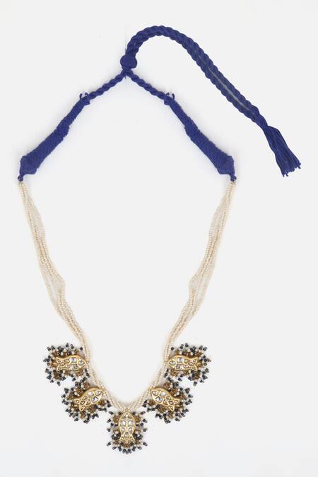 Buy_Dugran By Dugristyle_Blue Pearls, Metallic Thread, Stones Ambrosia Kundan And Natural Necklace Set 