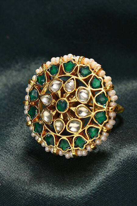 Shop MAISARA JEWELRY Green Stones, Pearls Jadau Embellished Ring at Aza Fashions Shop_MAISARA JEWELRY_Green Stones, Pearls Jadau Embellished Ring_at_Aza_Fashions
