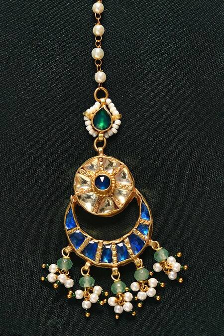 Buy_MAISARA JEWELRY_Blue Stone Embellished Cutwork Maangtikka_Online_at_Aza_Fashions