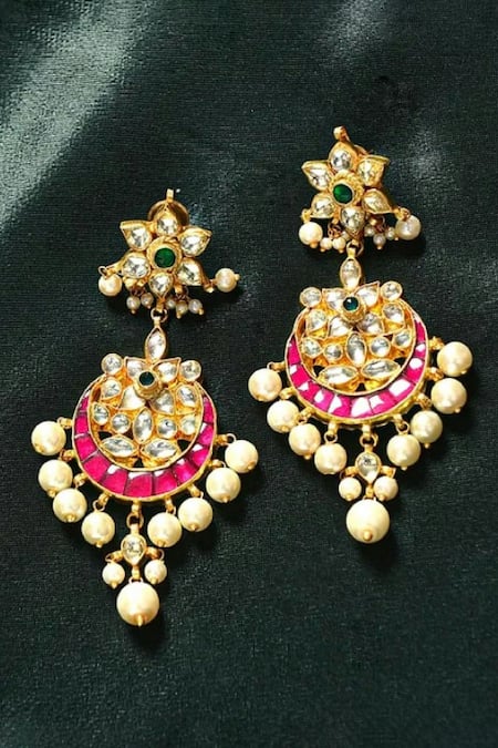 Shop_Maisara Jewelry_Multi Color Stones, Beads Floral Carved Chandeliers_at_Aza_Fashions
