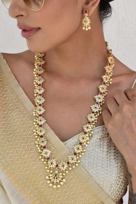 Buy_Swabhimann_Multi Color Stones Floret Kundan Embellished Necklace Set _Online_at_Aza_Fashions