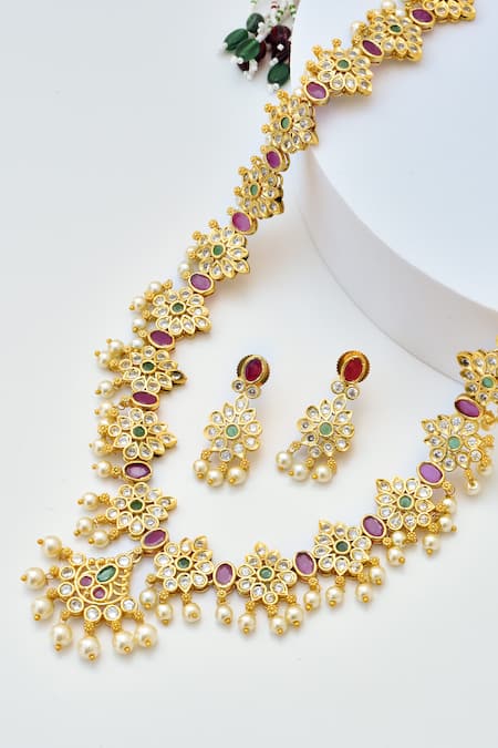Shop_Swabhimann_Multi Color Stones Floret Kundan Embellished Necklace Set _Online_at_Aza_Fashions