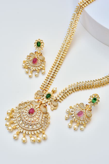 Shop_Swabhimann_Multi Color Stones Floral Cutwork Kundan Embellished Necklace Set _Online_at_Aza_Fashions
