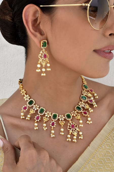 Buy_Swabhimann_Multi Color Diamonds, Carved Floret Pattern Kundan Embellished Necklace Set _Online_at_Aza_Fashions