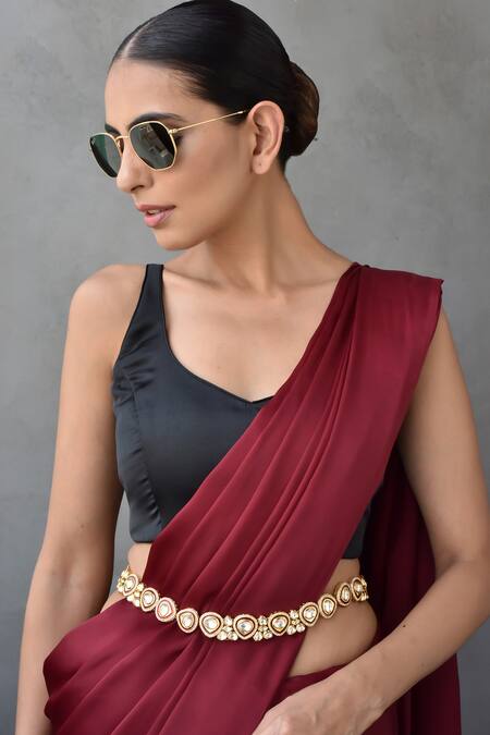 Swabhimann_Red Gold Plated Polki Kamarbandh _Online_at_Aza_Fashions