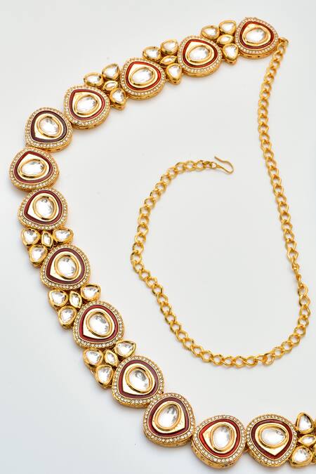 Shop_Swabhimann_Red Gold Plated Polki Kamarbandh _Online_at_Aza_Fashions