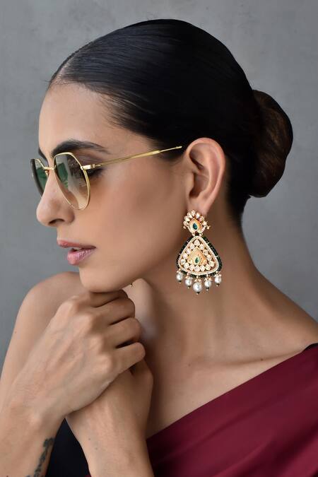 Buy_Swabhimann_Green Beads, Diamonds Polki Embellished Dangler Earrings _Online_at_Aza_Fashions
