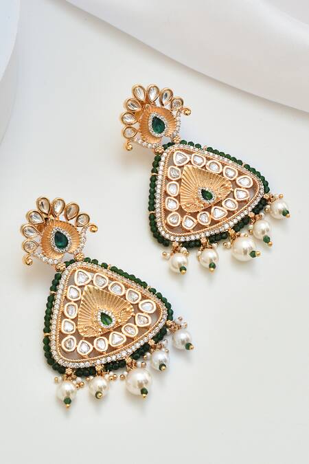 Shop_Swabhimann_Green Beads, Diamonds Polki Embellished Dangler Earrings _Online_at_Aza_Fashions