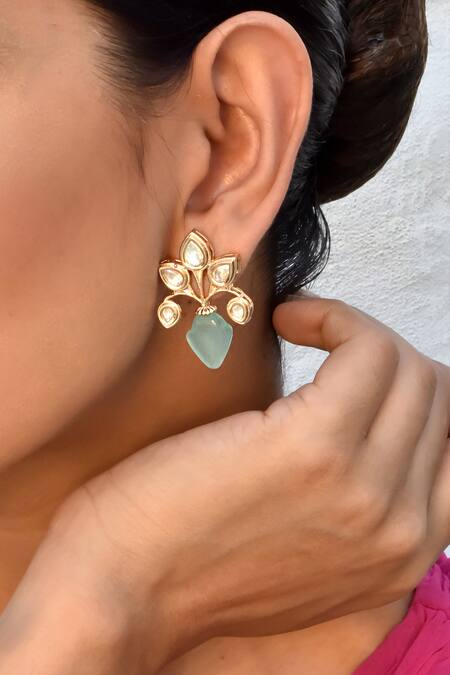 Buy_Swabhimann_Blue Stones Tear Drop Carved Studs _Online_at_Aza_Fashions