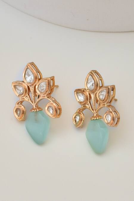 Shop_Swabhimann_Blue Stones Tear Drop Carved Studs _Online_at_Aza_Fashions