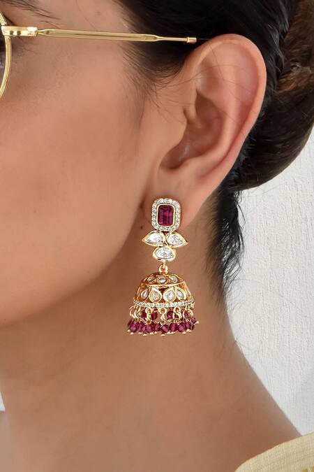 Swabhimann_Red Beads, Diamonds Polki Embellished Jhumkas _Online_at_Aza_Fashions