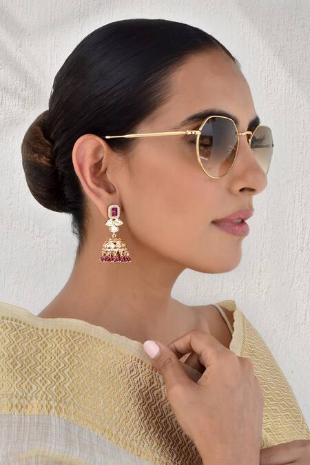 Buy_Swabhimann_Red Beads, Diamonds Polki Embellished Jhumkas _Online_at_Aza_Fashions