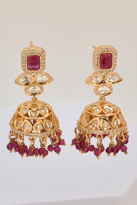 Shop Swabhimann Red Beads, Diamonds Polki Embellished Jhumkas Online at Aza Fashions Shop_Swabhimann_Red Beads, Diamonds Polki Embellished Jhumkas _Online_at_Aza_Fashions