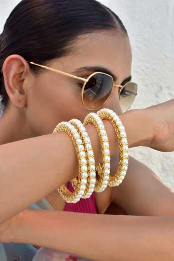 Swabhimann_White Pearls Embellished Bangles - 4 Pcs _Online_at_Aza_Fashions