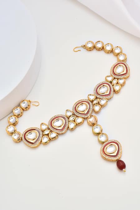 Shop_Swabhimann_Red Polki Embellished Mathapatti _at_Aza_Fashions