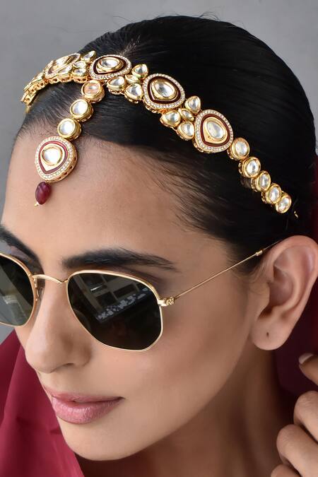 Swabhimann_Red Polki Embellished Mathapatti _Online_at_Aza_Fashions