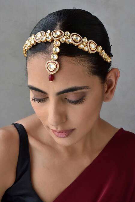 Buy_Swabhimann_Red Polki Embellished Mathapatti _Online_at_Aza_Fashions