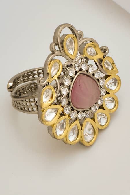 Shop_Swabhimann_Pink Diamonds Tear Drop Carved Ring _at_Aza_Fashions