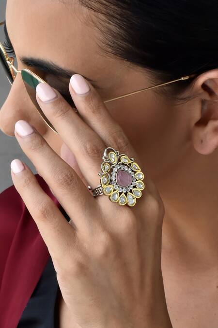 Swabhimann_Pink Diamonds Tear Drop Carved Ring _Online_at_Aza_Fashions