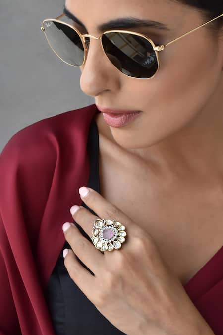 Buy_Swabhimann_Pink Diamonds Tear Drop Carved Ring _Online_at_Aza_Fashions