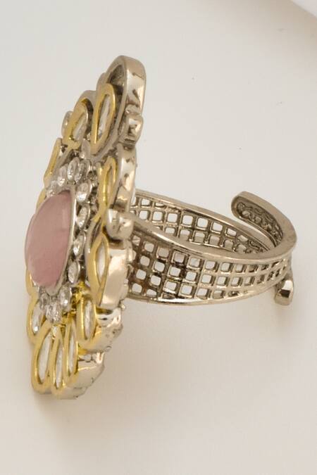 Shop_Swabhimann_Pink Diamonds Tear Drop Carved Ring _Online_at_Aza_Fashions