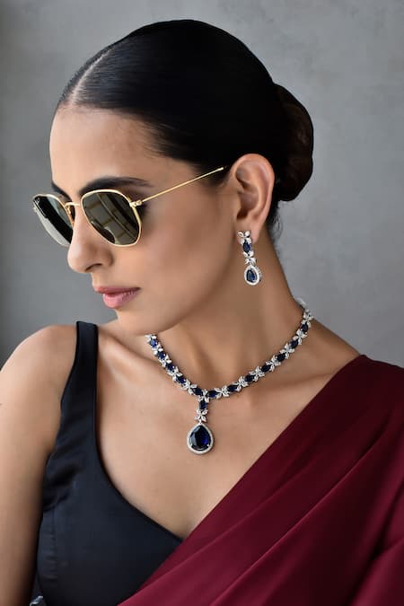 Swabhimann_Blue Stones Sapphire Embellished Necklace And Earring Set _Online_at_Aza_Fashions