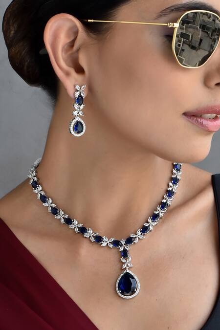 Buy_Swabhimann_Blue Stones Sapphire Embellished Necklace And Earring Set _Online_at_Aza_Fashions