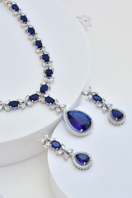 Shop_Swabhimann_Blue Stones Sapphire Embellished Necklace And Earring Set _Online_at_Aza_Fashions